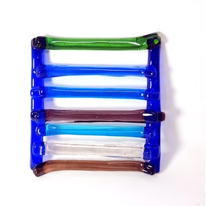 Cobalt blue glass soap dish, color bars soap dish,  fused glass soap dish