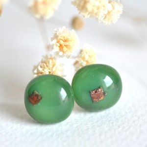 Sterling Silver Olive Green glass stud earrings with copper inlays