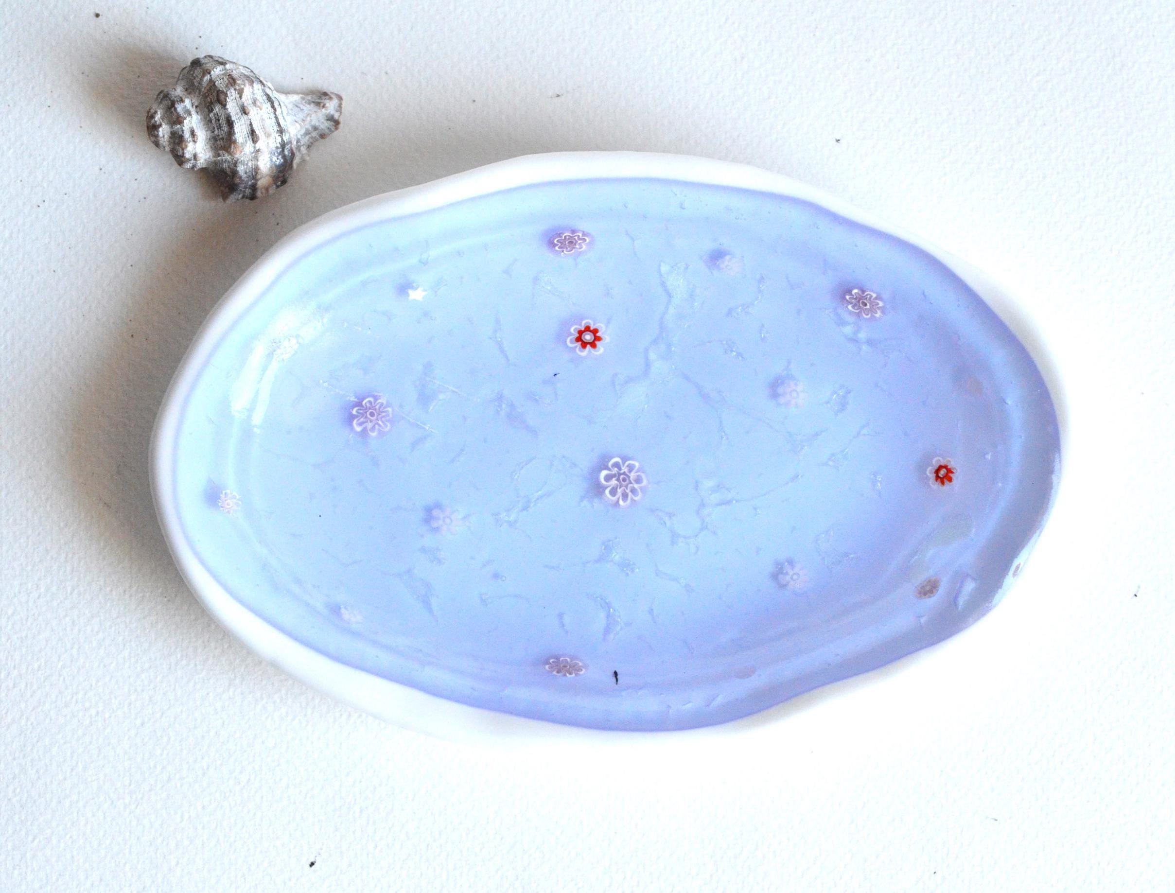Lavender and white color oval glass dish with millefiori inlays, fused glass tableware