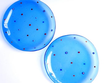 Set of 2, 7.5", 19 cm Blue Murano glass plates, Floral plates for Christmas table