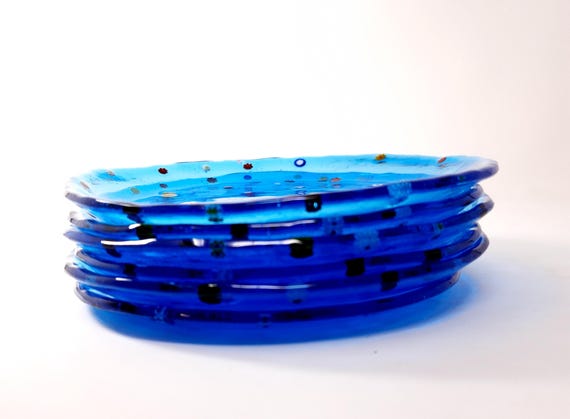 ターコイズブルーのムラーノガラスプレート（6枚セット