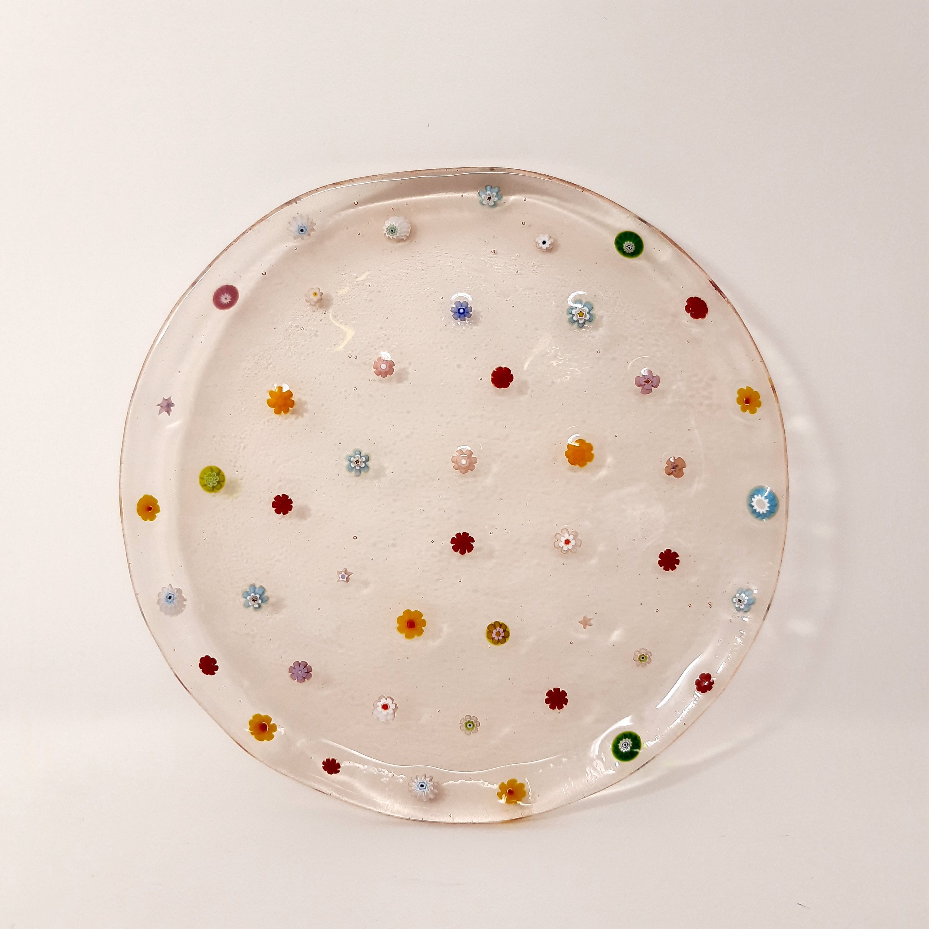 ムラーノガラスの花模様の象嵌皿 6枚セット：ライトオレンジの