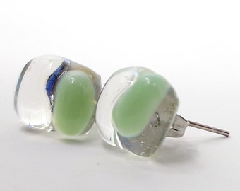 Mint green dichroic glass stud earrings with sterling silver