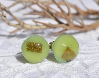 ref 136 Mint Green glass stud earrings, fused glass jewelry