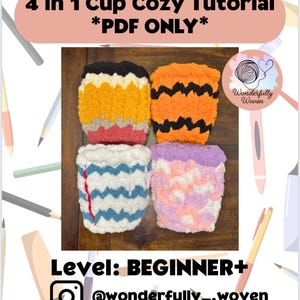 4-in-1 Cup Cozy Finger Knit PDF Pattern Tutorial, Back to School, Teacher Gift, How to Finger Knit, Hand Knitting, Chunky Knit