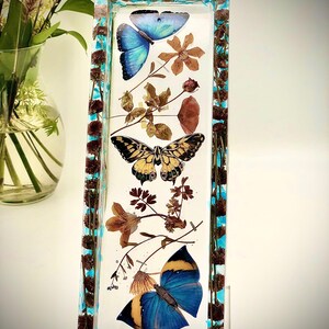 May include: A rectangular resin art piece featuring three butterflies and dried flowers. The butterflies are blue and yellow, set against a white background. The frame has a turquoise and brown border, creating a nature-inspired decorative item.