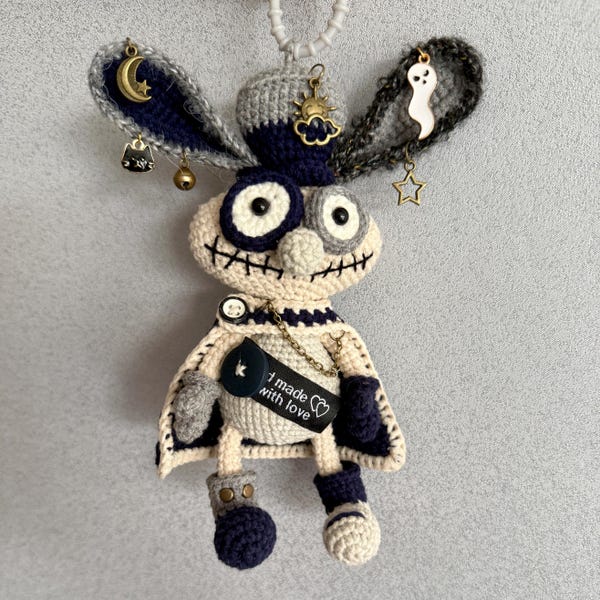 Gothic Punk Bunny Plush Hand-knitted Unique Rabbit Creepy Cute Handmade Art Doll Kawaii Room Decor Weirdcore Gift for Her/Him