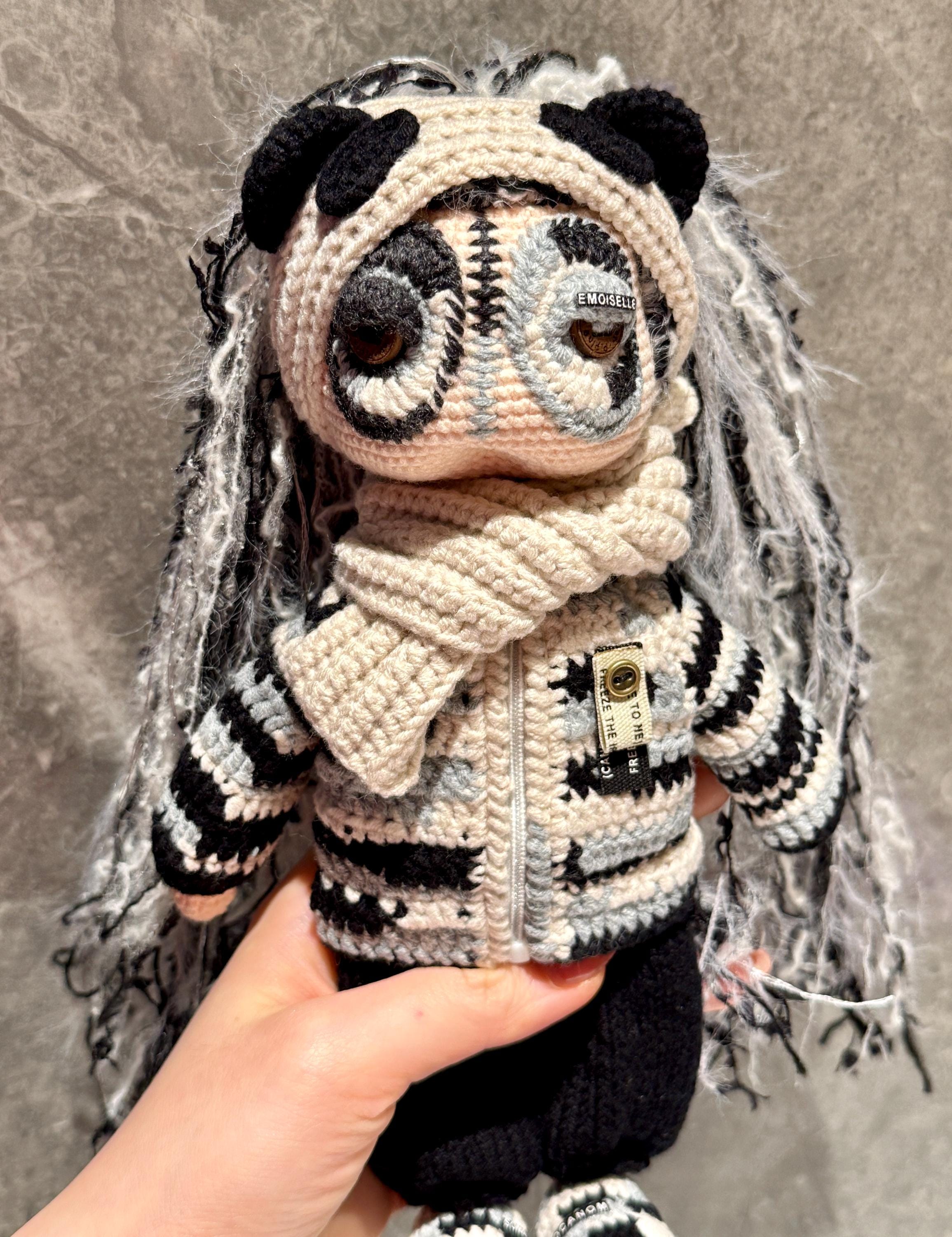 OOAK Handmade Goth Panda Art Doll Crochet Collectible Plush Long Hair Amigurumi Dark Aesthetic Soft Sculpture Creepy Cute Decor