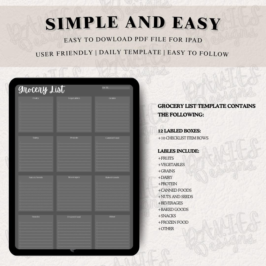 Digital Grocery List Template Reusable Grocery Checklist Digital