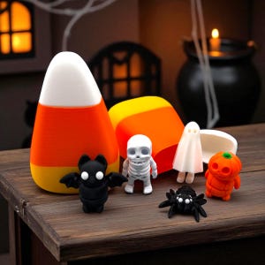 Halloween Candy Corn Flexy Figurine Collectible Set of 5 plus Candy Corn Container- 3d Printed Figurines
