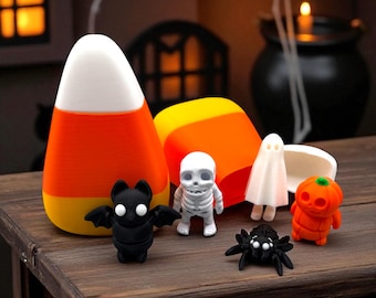 Halloween Flexy Figurine Set – 3D Printed Candy Corn Container, Ghost, Skeleton, Pumpkin, Bat, Spider