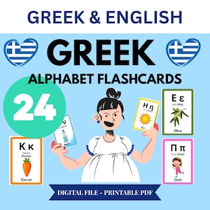 Printable Greek Alphabet Flashcards, Printable Greek English kid Greek Flashcards, Greek Learning