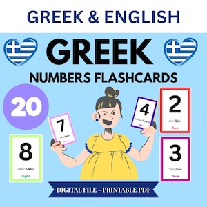 Greek Numbers, 20 flashcards, Printable Bilingual Cards, Printable Greek English kid Greek Flashcards, Greek Learning
