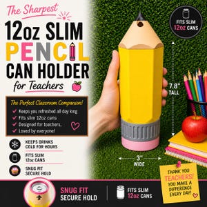 Può includere: Un portabottiglie a forma di matita gialla, alto 19,8 cm e largo 7,6 cm, progettato per lattine sottili da 355 ml. Il portabottiglie ha una base grigia e rosa e una parte superiore color legno. Il testo dice "Pencil Can Holder for Teachers".