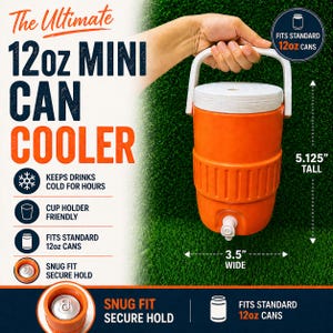 May include: An orange 12oz mini can cooler with a white handle and lid. The cooler is 5.125 inches tall and 3.5 inches wide. It features a tap and is designed to keep drinks cold for hours. The text on the cooler says "The Ultimate 12oz Mini Can Cooler".