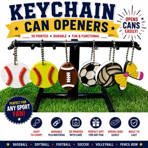 Llaveros deportivos impresos en 3D con abrelatas / Accesorios para béisbol, fútbol americano, fútbol, voleibol y porristas