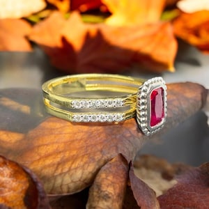 Emerald Cut Ruby Ring, Christmas gift for mom, 14K/18K Yellow Gold Engagement Ring, Bridal Wedding Promise Ring, Red Gemstone Ring, Red Ring