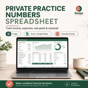 Private Practice Numbers Spreadsheet, Therapist Income Expense and No Show Tracker, Caseload and Rate Planner, Excel Google Sheets
