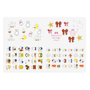 Op de afbeelding: Een vel stickers met het populaire konijnenpersonage Nijntje. De stickers bevatten verschillende ontwerpen, zoals Nijntje met een hoed, Nijntje met een ster en Nijntje met een strik. De stickers bevatten ook de tekst "Bunny Kisses and Miffy Wishes".