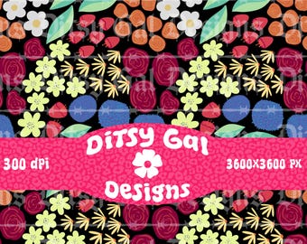 Zwart naadloos bestand met bloemen, handgetekend, bloemen, digitaal naadloos bestand