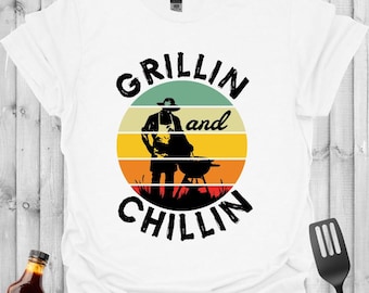 Maglietta Grillin and Chillin – Maglietta Retro BBQ Sunset – Regalo per grigliate estive