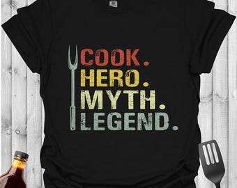 Funny BBQ T-Shirt: Retro Grill Master "Cook. Hero. Myth. Legend."