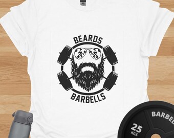 Beards and Barbells T-Shirt - Funny Gym Tee for Bearded Lifters and Weightlifters