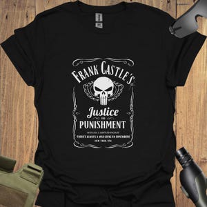Frank Castle Justice & Punishment T-Shirt - Punisher Inspired Vintage Label Tee - Comic Book Fan Gift - Skull Design Shirt