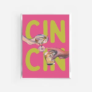 wydruk cin cin | kolorowy, maksymalistyczny plakat z koktajlem | wydruk z wózkiem barowym | wydruk z napisem „cheers” | wydruk z napisem „retro cocktail” | wydruk z napisem „drinki” | plakat do kuchni |