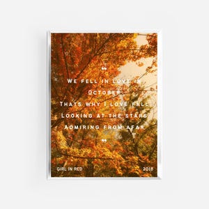 Wir verliebten uns in Oktober Poster | Oktober Poster | Musiktexte Druck | Mädchen im roten Druck | Mädchen in rot Poster | lesbische Wandkunst | Herbst