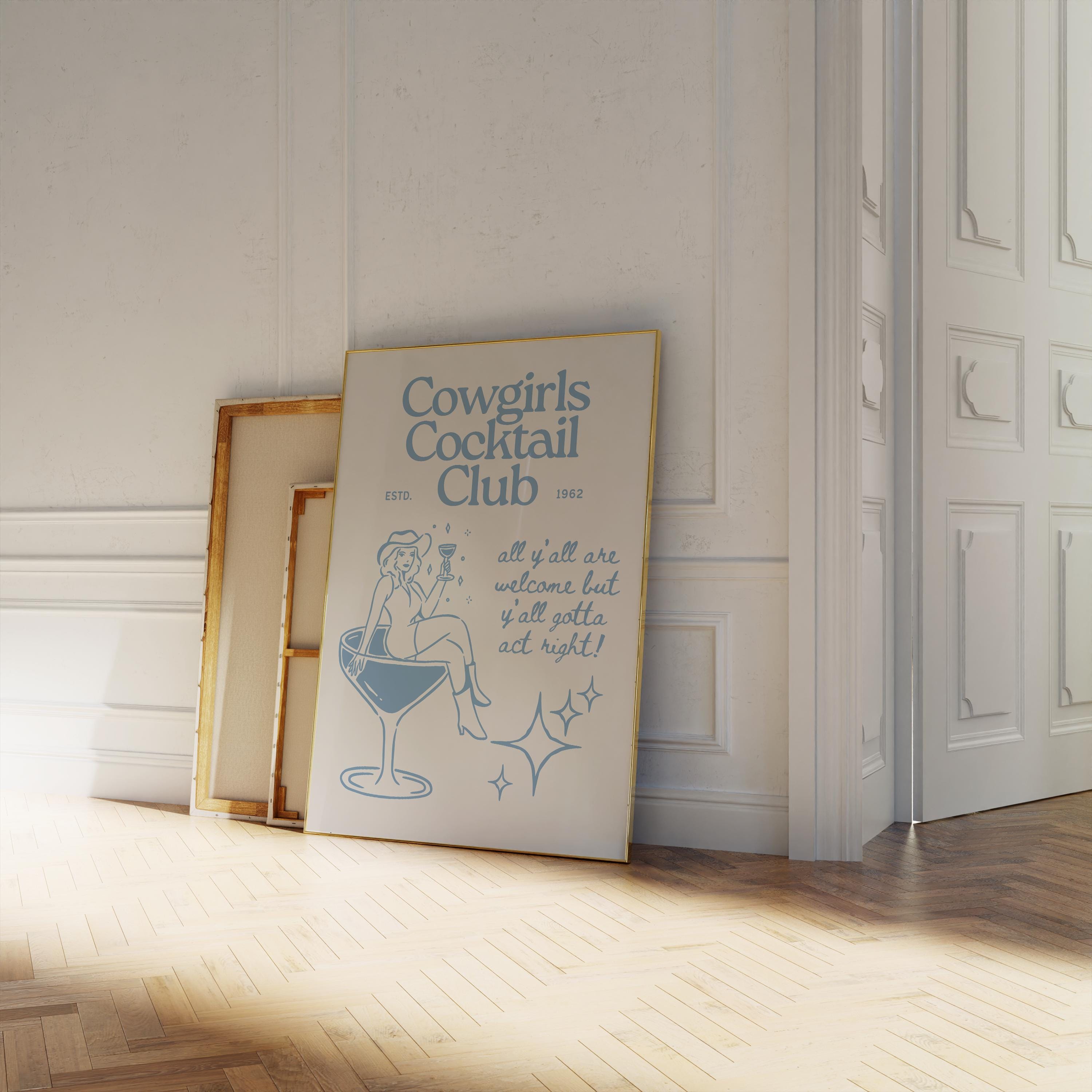 Discover Cowgirl Cocktail Print Vertical Poster, Western Beige and Blue Kitchen Art, Retro Bar Cart Wall Decor