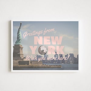 Impresión de la ciudad de Nueva York / Impresión de postal retro de la Estatua de la Libertad / Póster de Nueva York / Impresión de viaje de saludos desde Nueva York / Póster de Ojalá estuvieras aquí