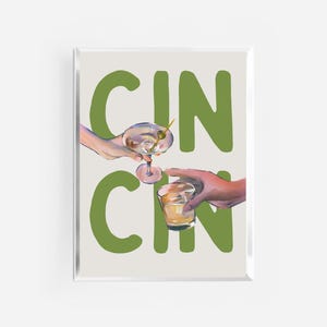 wydruk cin cin | kolorowy, maksymalistyczny plakat z koktajlem | wydruk z wózkiem barowym | wydruk z napisem „cheers” | wydruk z napisem „retro cocktail” | wydruk z napisem „drinki” | plakat do kuchni |