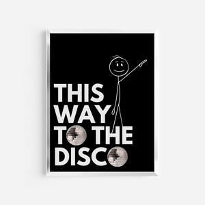 De esta manera se llega a la impresión de discoteca / impresión de bola de discoteca vintage / decoración estética de bola de discoteca bailando / arte de pared divertido / impresiones en blanco y negro / años 70 y 80