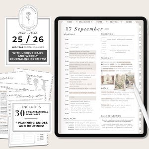 May include: A digital planner on a tablet, with additional printable templates and guides. The tablet displays a daily schedule and to-do list. The printables include templates and planning guides. Text includes "Mid-Year Digital Planner" and "30 Organizational Templates".