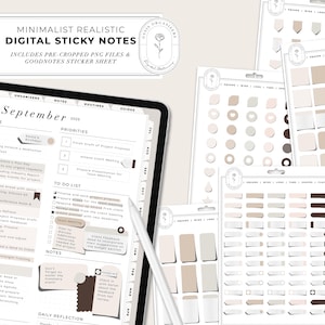 Può includere: Note adesive digitali in tonalità neutre, tra cui un tablet che mostra un programma e vari fogli di adesivi. L'immagine presenta un design minimalista con file PNG pre-ritagliati e un foglio di adesivi GoodNotes.
