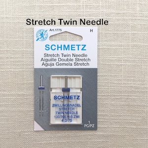 Stretch Twin Needle, Size 75, Spacing 4,0 Two needles mounted on one shank to create two rows of stitches, Schmetz Brand Cover stitch look