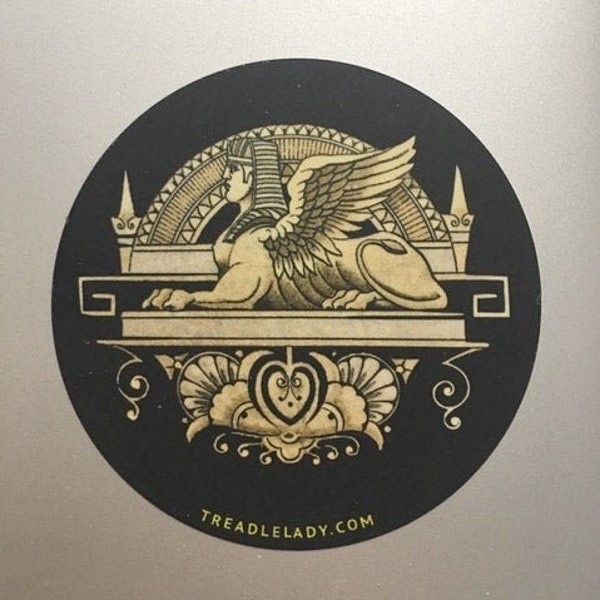 Sphinx Treadle Sewing Machine Vinyl Sticker 3 inches round Treadlelady.com Photo of my antique machine with much digital work