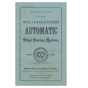 May include: A blue and white instruction booklet for using a Willcox & Gibbs Automatic Silent Sewing Machine. The booklet features a logo with the company name and a trade mark. The text on the cover reads "Directions for Using Willcox & Gibbs Automatic Silent Sewing Machine."
