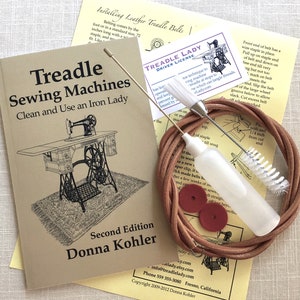 Kit of Treadle Sewing Machine Signed Book, Leather Treadle Belt, Oiler with Oil, Double End Lint Brush and Spool Pin Felts image 1