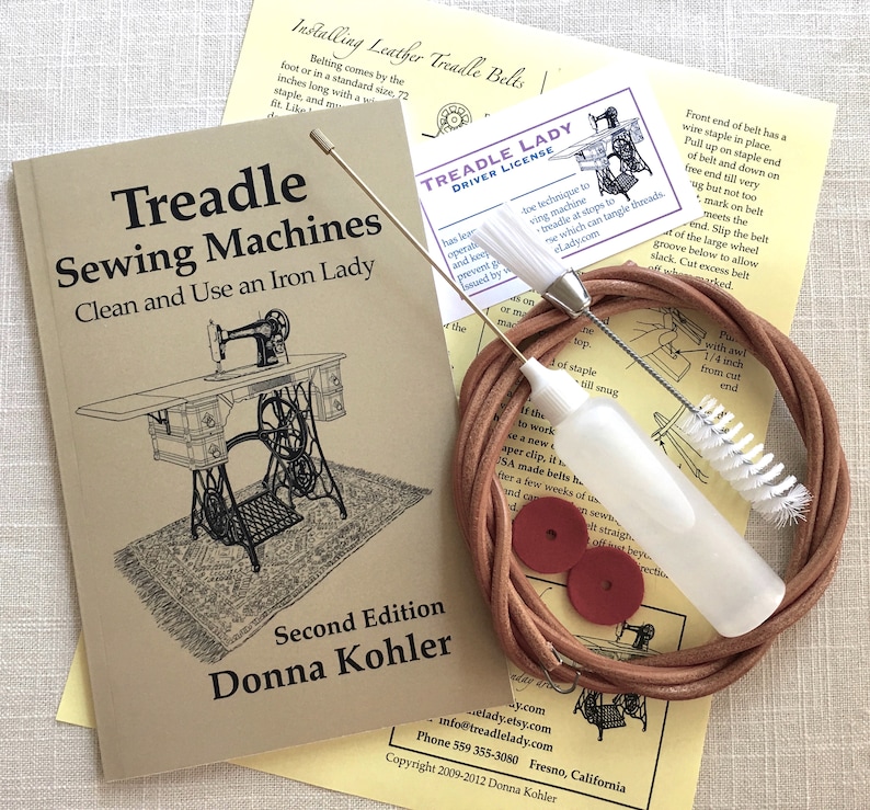 Kit of Treadle Sewing Machine Signed Book, Leather Treadle Belt, Oiler with Oil, Double End Lint Brush and Spool Pin Felts image 1