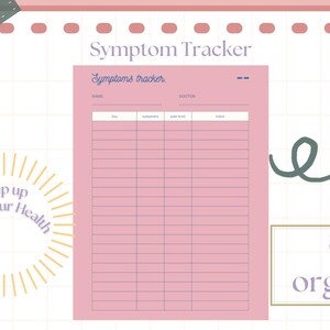 Könnte beinhalten: Ein rosa druckbarer Symptom-Tracker mit dem Text "Symptom Tracker" und "Symptoms Tracker" oben. Der Tracker hat Spalten für Datum, Symptome, Startdatum und Notizen. Der Text "Keep up with your health" befindet sich in einem Kreis mit gelben Strahlen. Der Text "Stay organised" befindet sich in einem Rechteck mit einem violetten Rand. Ein gelber Bleistift mit einem grauen Radiergummi ist auf der rechten Seite der Seite gezeichnet.