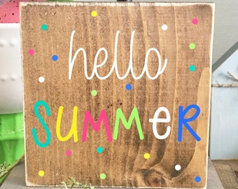 Hello summer wooden sign, Tiered tray sign, Summer decor, Rainbow colors