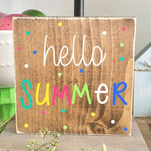 Hello summer wooden sign, Tiered tray sign, Summer decor, Rainbow colors