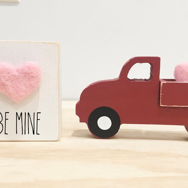 Valentine's day decor, red truck, tiered tray decor, heart sign, Felted wool heart, Wooden truck, Farmhouse, Tiered tray sign, Old truck