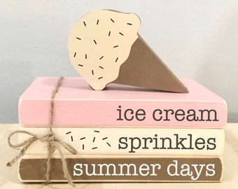 Summer Tiered Tray Decor: Rustic Faux Book Stack with Wooden Ice Cream Cone