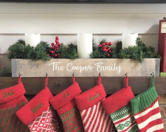 Personalized family stocking holder, Gray box, Christmas decor, Rustic, Farmhouse, Reclaimed wood, hooks for pet