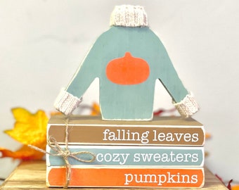 Fall book stack, Wooden sweater, Fall tiered tray, Pumpkin sweater, Fall decor, Handmade unique gifts