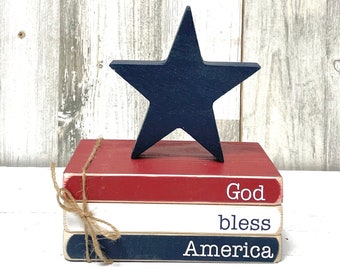 4th of July decor for tiered tray mini book stack and wood star God bless America