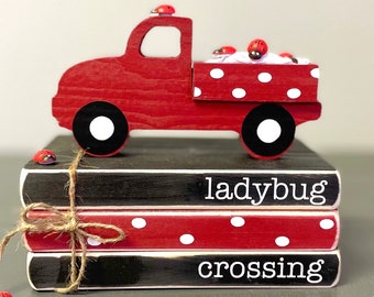 Ladybug decor,  Wooden truck, Tiered tray decor, Mini book bundle
